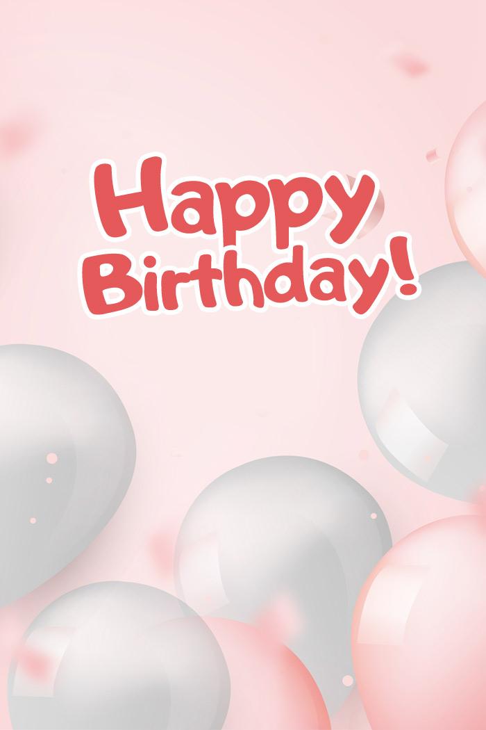 Happy birthday card with balloons and pink background, vertical tall image (tall rectangle shape picture)