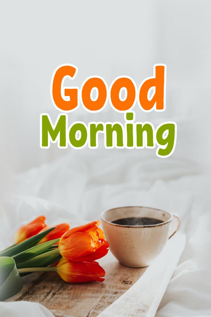 Good Morning Picture with tulips and cup of coffee - vertical size (tall rectangle shape picture)