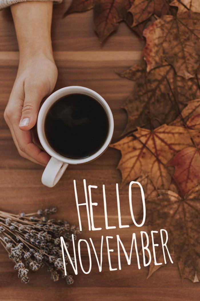 Hello November - picture with hot drink, vertical image (tall rectangle shape picture)