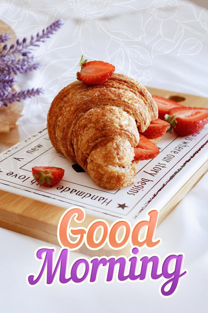 Good Morning Beautiful Picture with croissant, vertical image (tall rectangle shape picture)