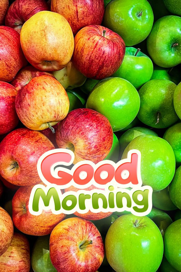 Good Morning beautiful and colorful picture with apples, vertical image (tall rectangle shape picture)