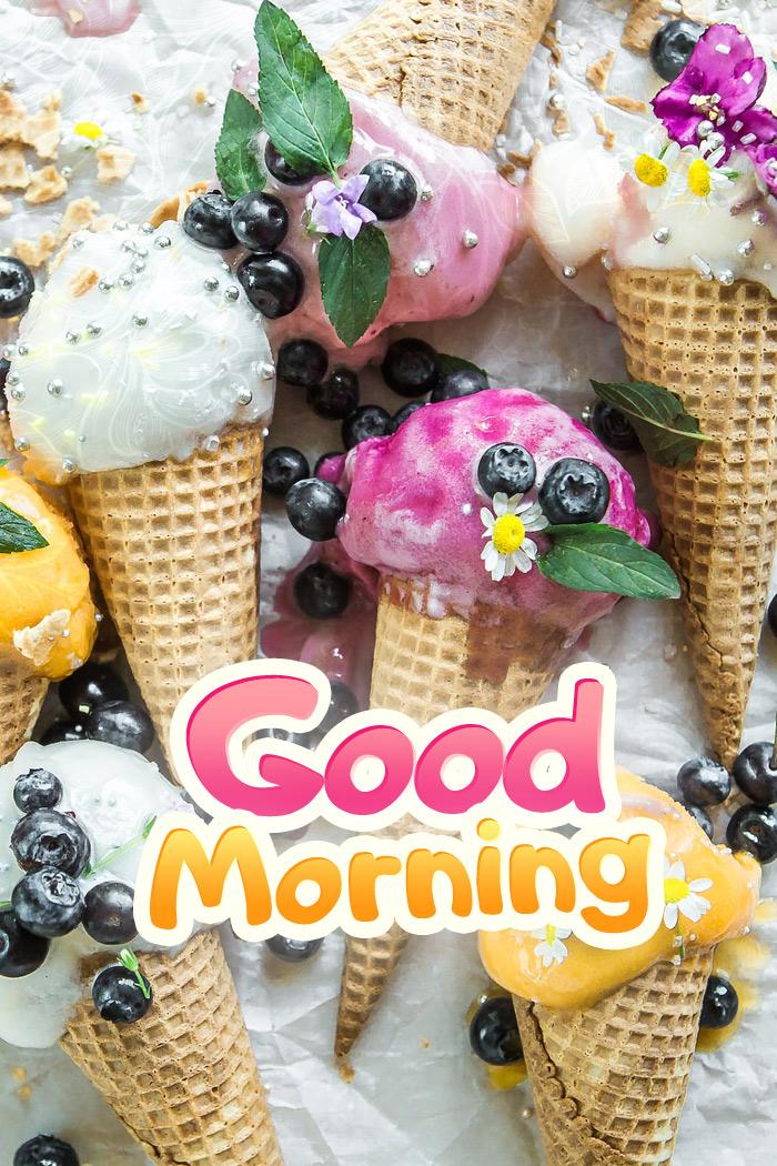 Good Morning, image with sweet ice cream, vertical picture (tall rectangle shape picture)