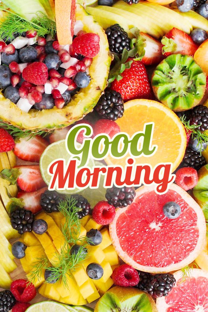 Good Morning colorful picture with fruits, vertical tall picture (tall rectangle shape picture)