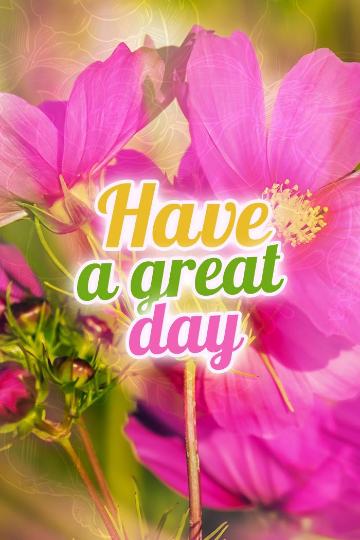 Have a great day image, with beautiful pink flower, vertical picture (tall rectangle shape picture)