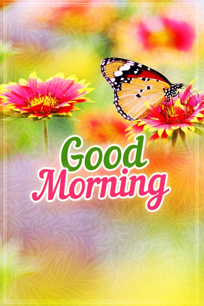 Good Morning colorful image with butterfly, vertical image (tall rectangle shape picture)