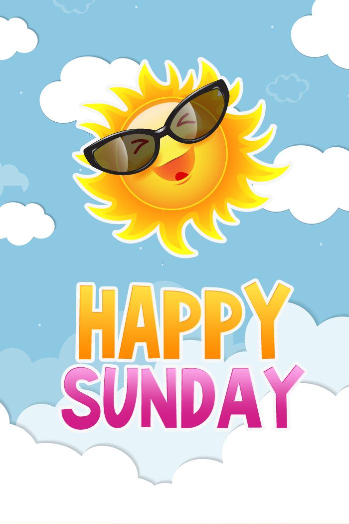 Happy Sunday Image with cartoon sun at the clouds, vertical picture (tall rectangle shape picture)