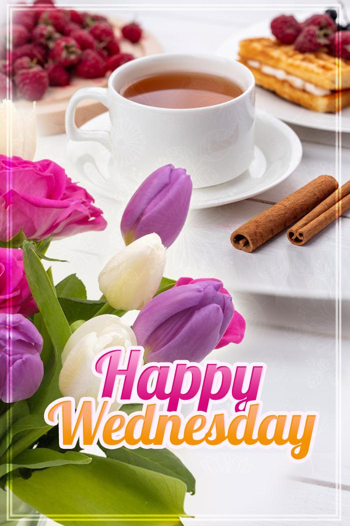 Happy Wednesday Image with beautiful flowers and breakfast, vertical image (tall rectangle shape picture)