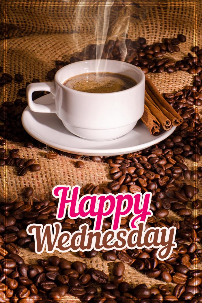 Happy Wednesday picture with coffee, vertical image (tall rectangle shape picture)