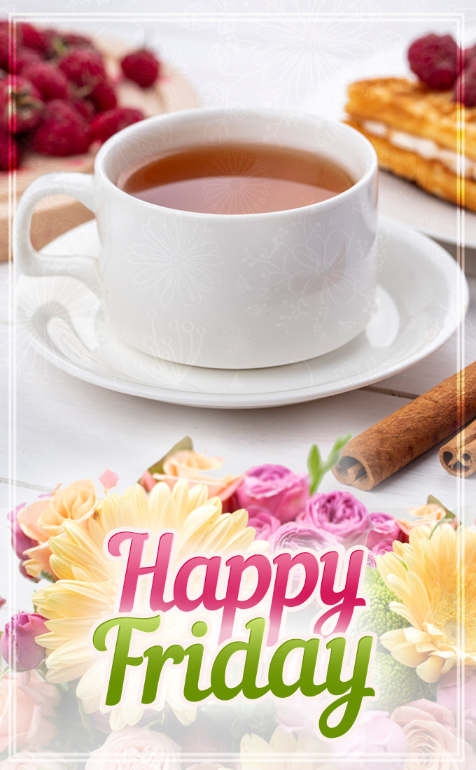 Happy Friday colorful Image with flowers and breakfast, vertical picture (tall rectangle shape picture)