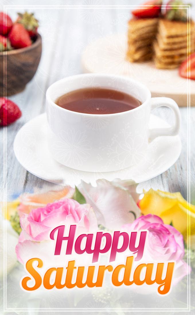 Happy Saturday Image with beautiful roses and breakfast at background, vertical picture (tall rectangle shape picture)