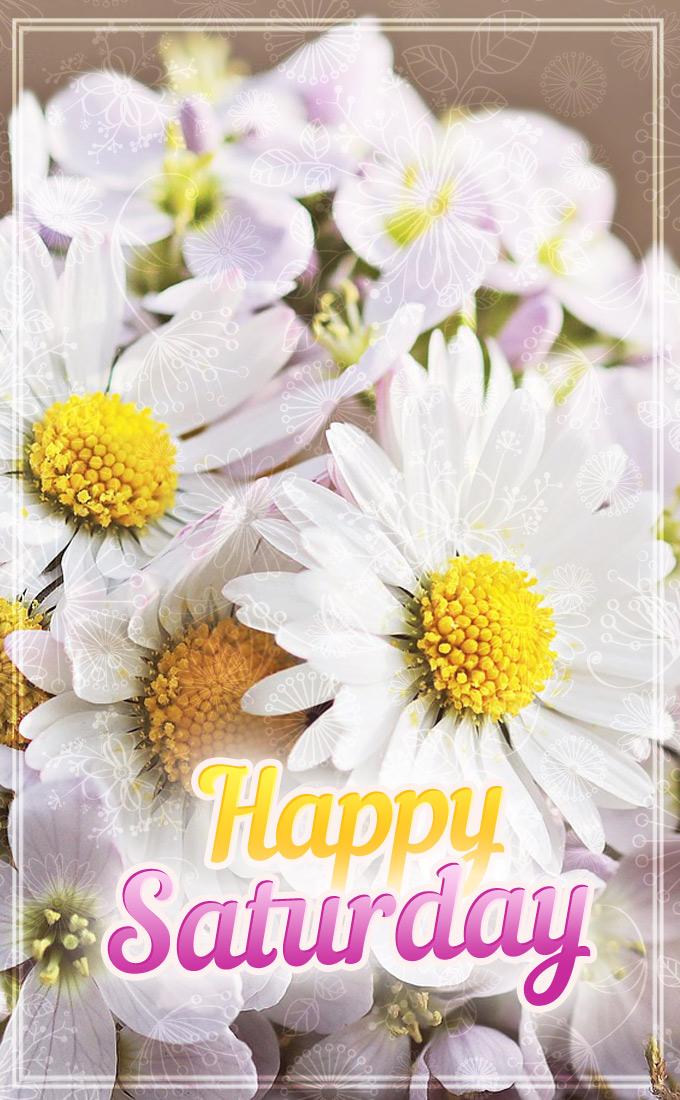 Happy Saturday Image with beautiful daisies on the background, vertical picture (tall rectangle shape picture)