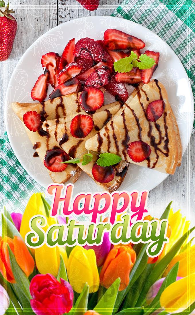 Happy Saturday image with colorful tulips and delicious dessert, vertical picture (tall rectangle shape picture)