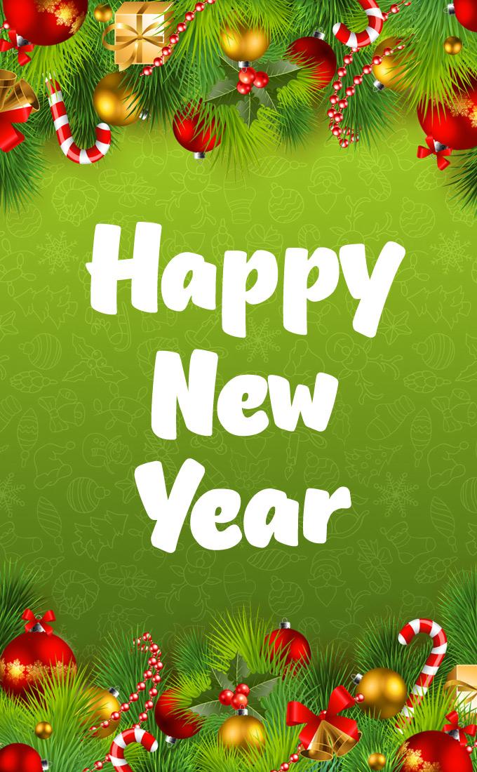 Happy New Year image with decorations on background, vertical picture (tall rectangle shape picture)