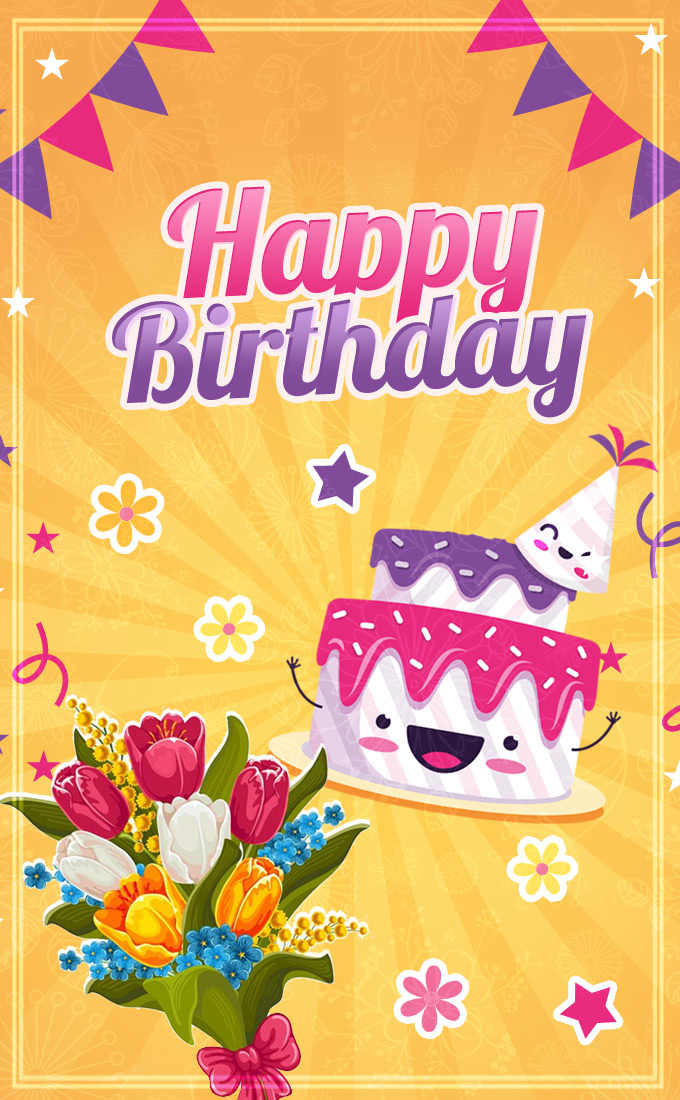 Happy birthday image with cartoon cake and bouquet of flowers, vertical picture (tall rectangle shape picture)