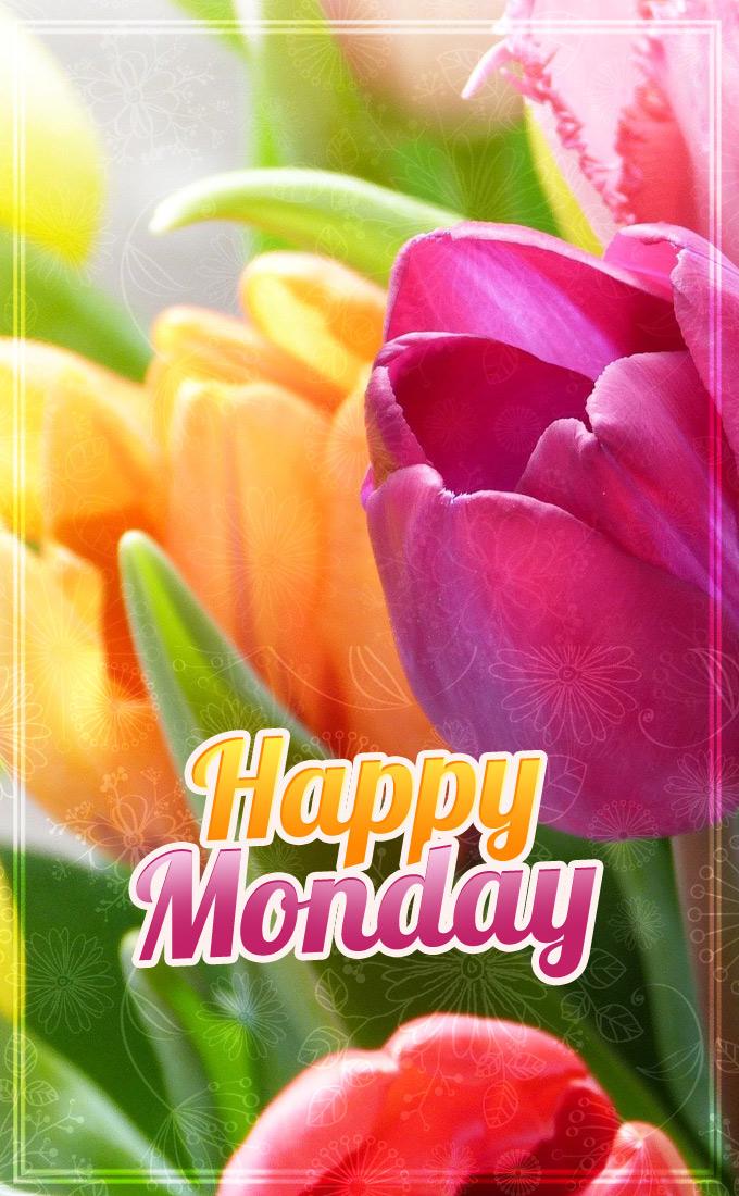 Happy monday, image with colorful tulips, vertical picture (tall rectangle shape picture)