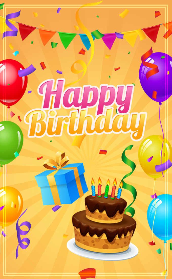 Happy Birthday image with colorful background and birthday attributes, vertical picture (tall rectangle shape picture)