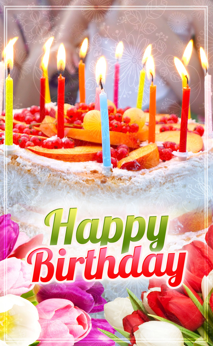 Happy Birthday image with birthday cake and colorful flowers on background, vertical picture (tall rectangle shape picture)