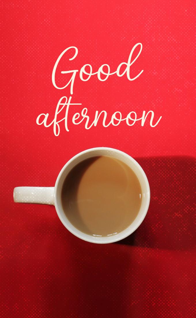 Good afternoon image with hot drink on red background, vertical picture (tall rectangle shape picture)