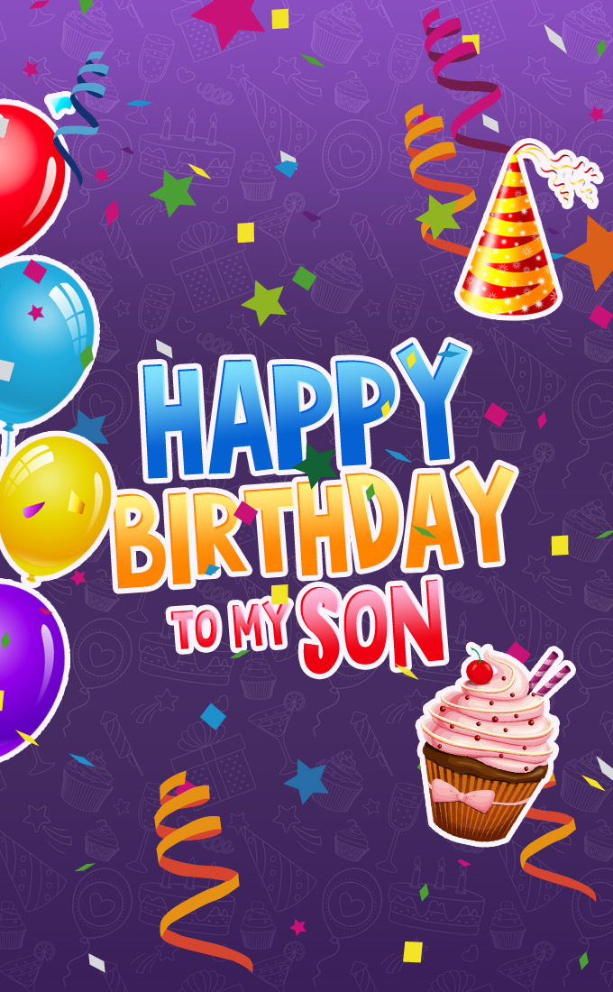 Happy Birthday Son colorful greeting card, vertical image (tall rectangle shape picture)