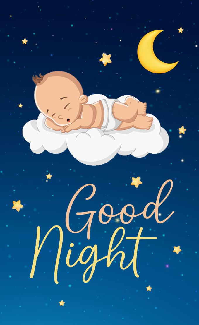 Good Night Image with sleeping cartoon baby on the cloud, vertical picture (tall rectangle shape picture)