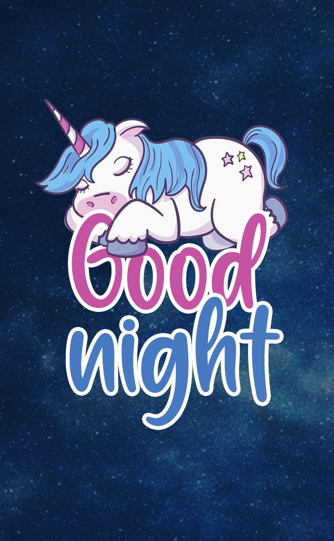 Good Night beautiful picture with sleeping cartoon unicorn, vertical image (tall rectangle shape picture)