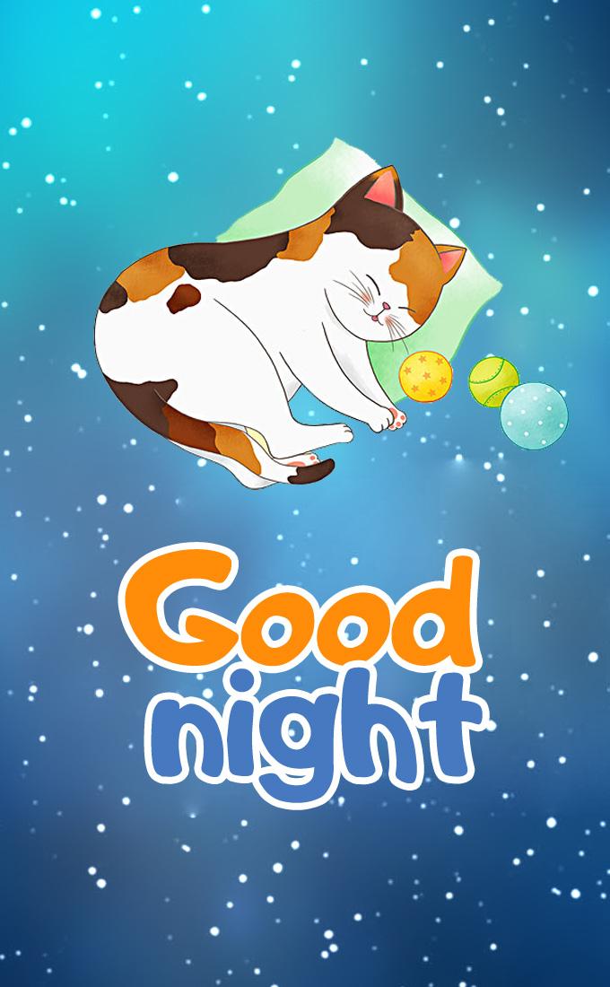 Good Night image with cartoon cat, vertical picture (tall rectangle shape picture)