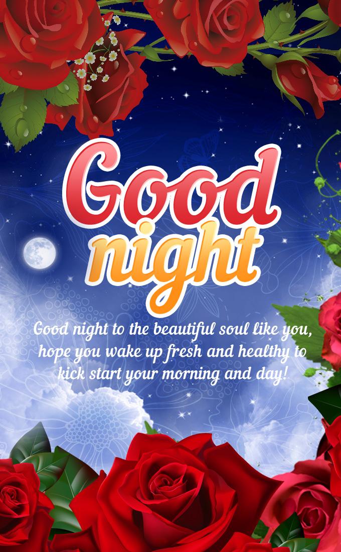 Good Night picture with beautiful red roses and good wishes, vertical picture (tall rectangle shape picture)