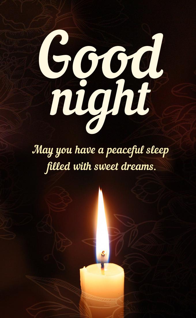 Good Night image with beautiful candle and good message, vertical picture (tall rectangle shape picture)