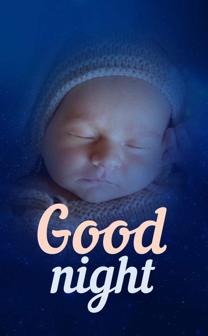 Good Night image with cute sleeping toddler, vertical picture (tall rectangle shape picture)