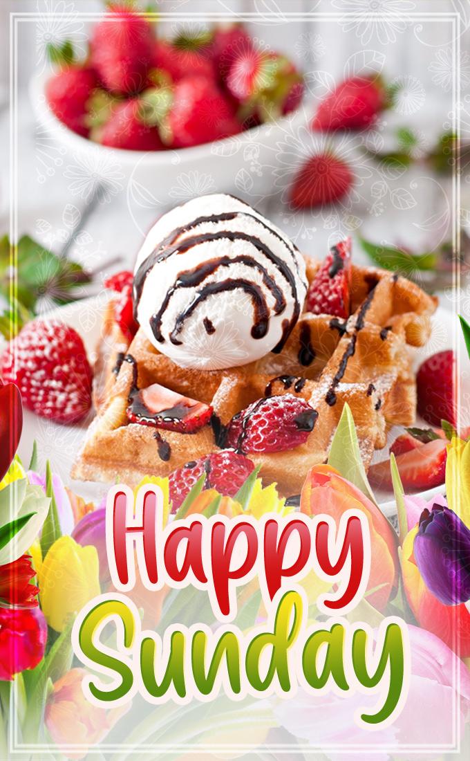 Happy Sunday Image with waffles and tulips, vertical picture (tall rectangle shape picture)