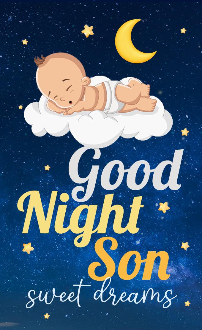 Good Night Son image with baby sleeping on cloud, vertical picture (tall rectangle shape picture)