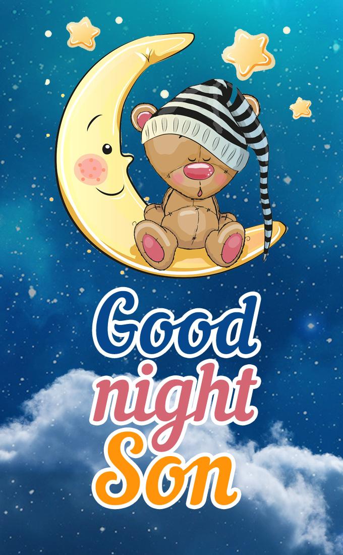 Good Night Son, colorful picture with sleeping bear cub on the moon, vertical image (tall rectangle shape picture)