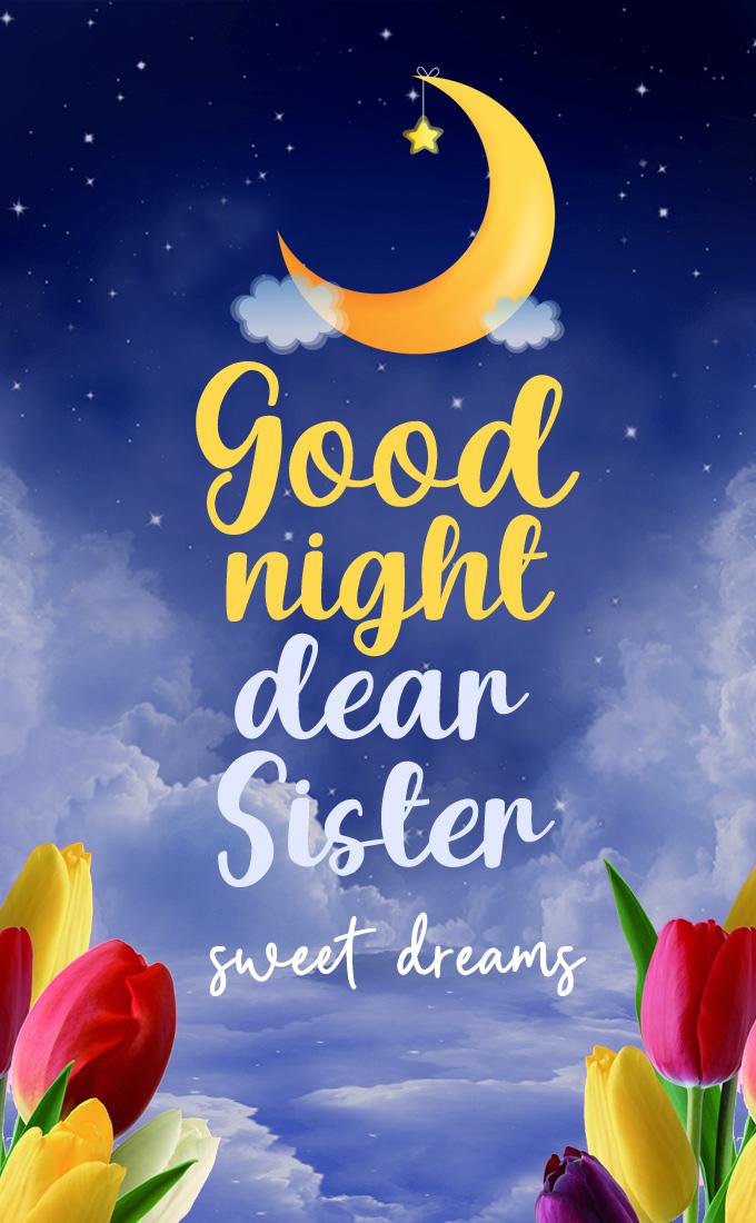 Good Night Sister, image with crescent and beautiful tulips, vertical picture (tall rectangle shape picture)