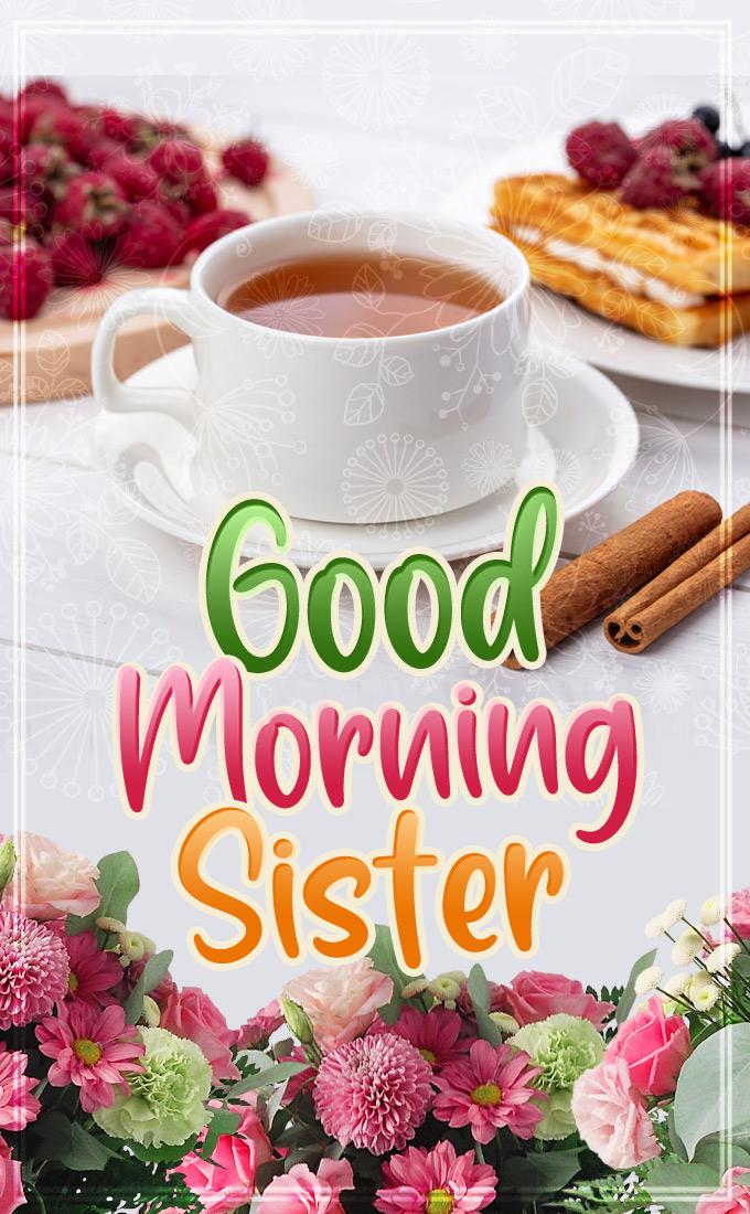 Good Morning Sister beautiful image with flowers and breakfast, vertical format (tall rectangle shape picture)