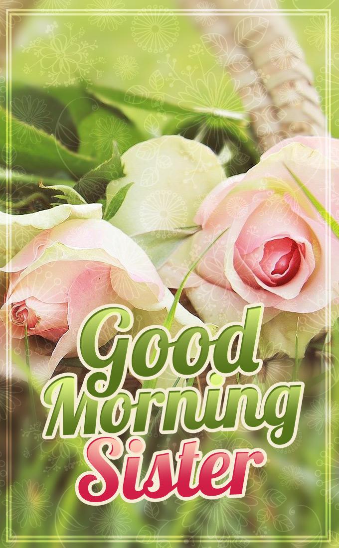 Good Morning Sister beautiful picture with pink roses, vertical format (tall rectangle shape picture)