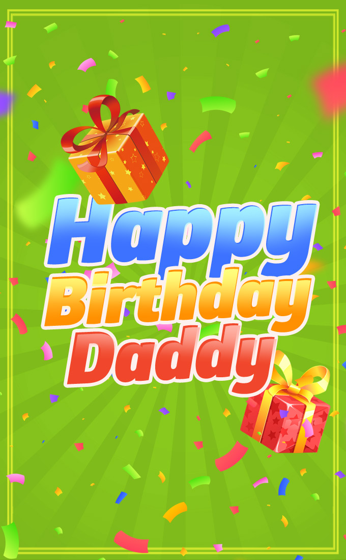 Happy Birthday Dad image with green background and gift boxes, vertical format (tall rectangle shape picture)