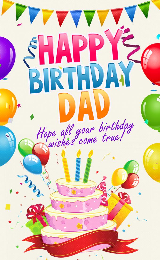 Happy Birthday Dad, bright and colorful image with white background, vertical format (tall rectangle shape picture)