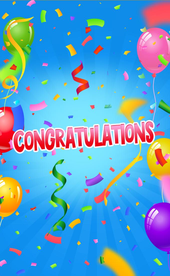 Congratulations Image with colorful confetti on the blue background, vertical picture (tall rectangle shape picture)