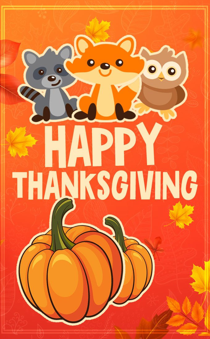 Happy Thanksgiving Funny Image with cartoon animals, vertical long shape (tall rectangle shape picture)