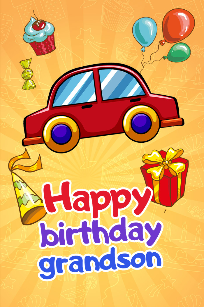 Happy Birthday Grandson image with cartoon car (tall rectangle shape picture)