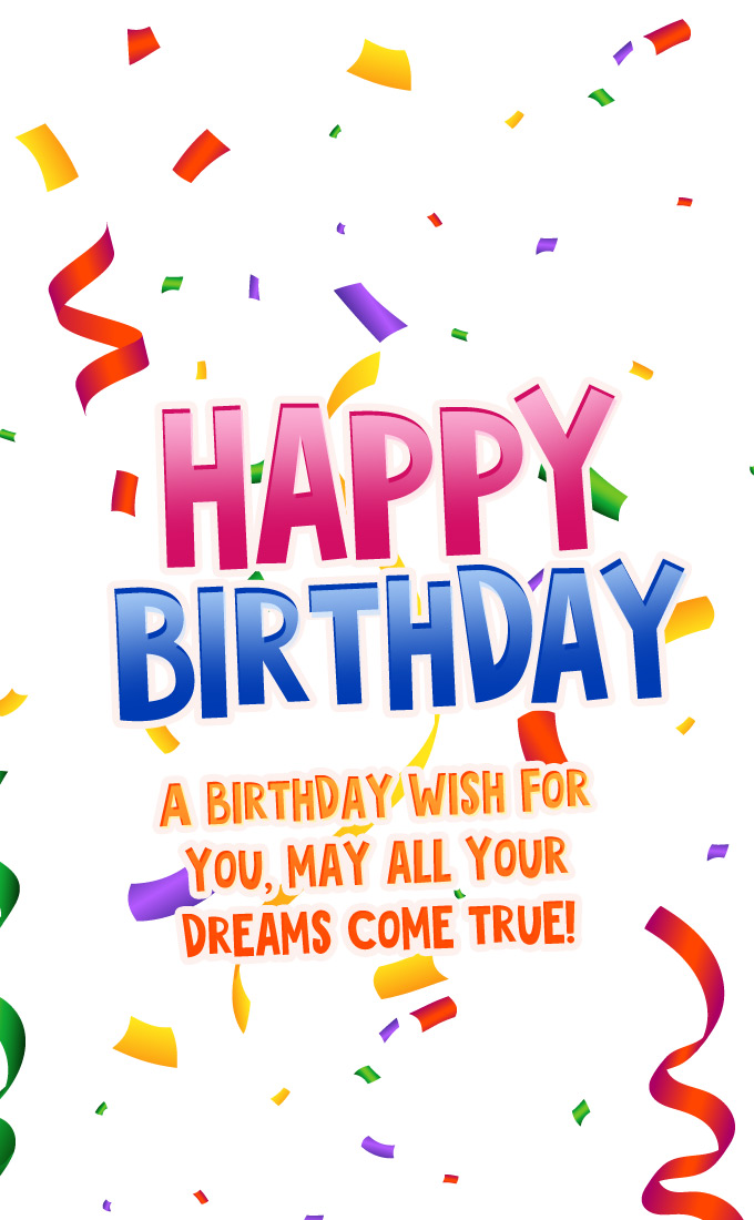 Birthday card with white background and colorful confetti on the background, vertical long picture (tall rectangle shape picture)