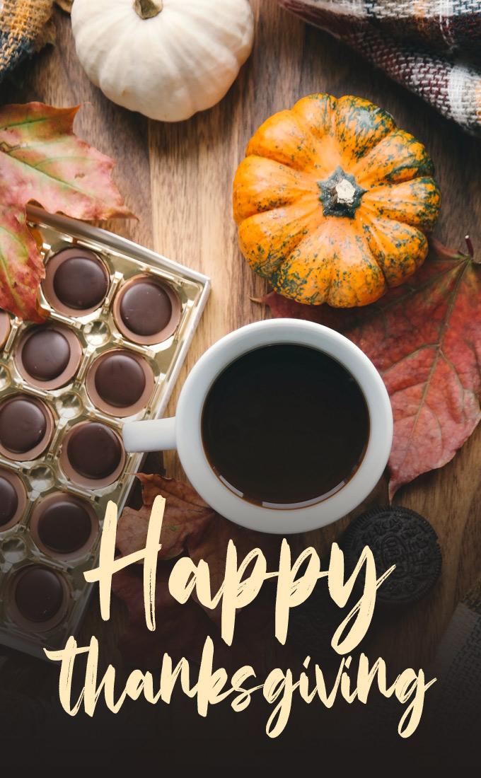 Happy Thanksgiving free Image with cup of coffee and sweets, vertical long picture (tall rectangle shape picture)