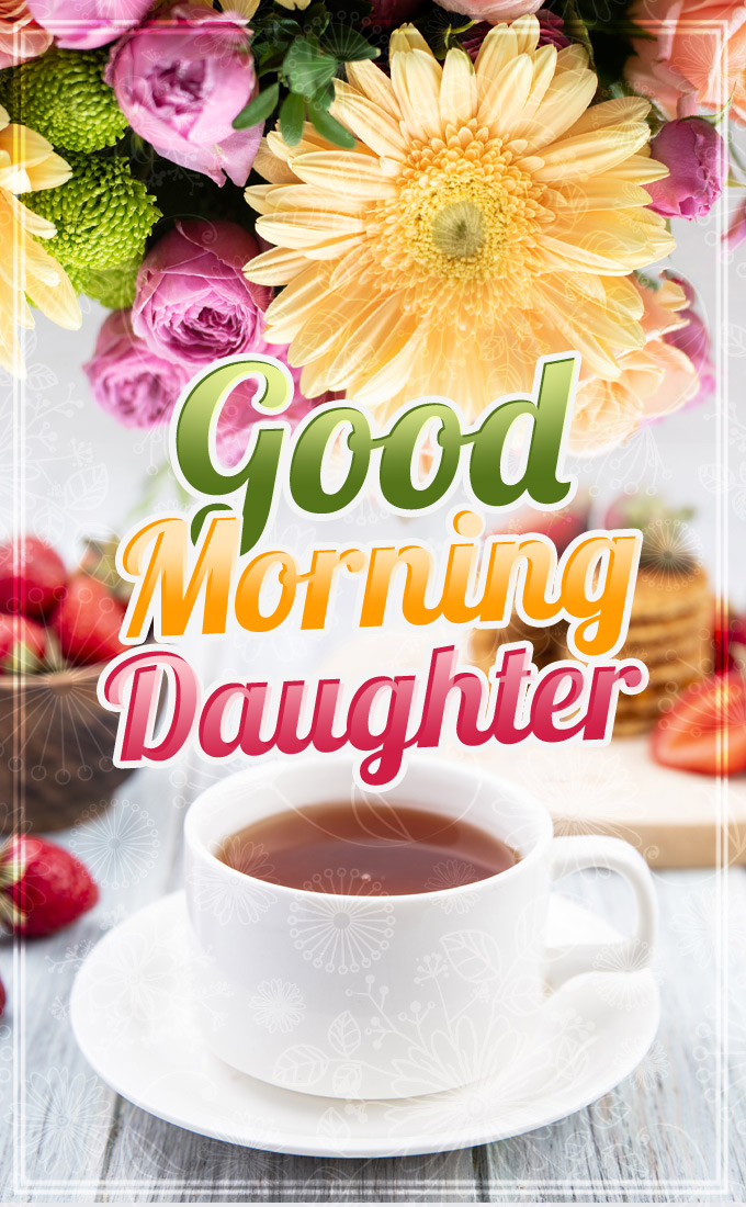 Good Morning Daughter, vertical tall picture with tea and flowers (tall rectangle shape picture)