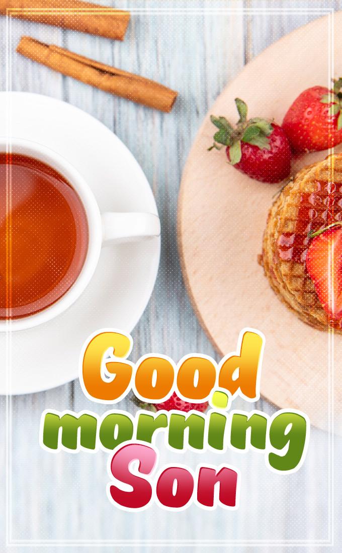 Good Morning Son, vertical tall image with colorful caption and breakfast photo on the background (tall rectangle shape picture)