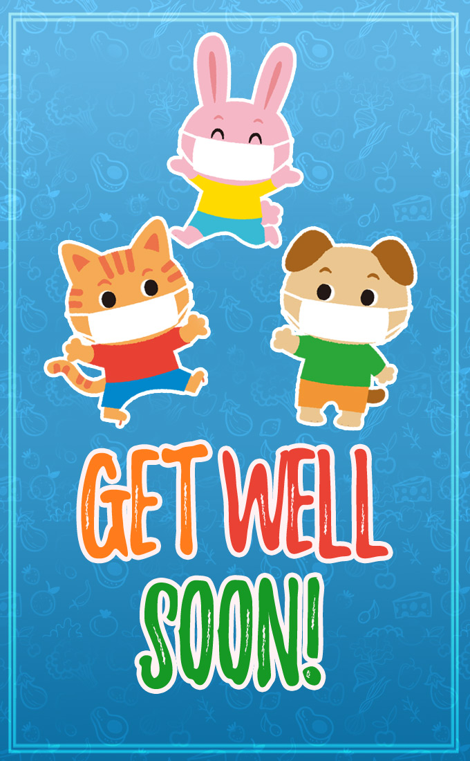 Get Well Soon Funny Image with cartoon animals in medical masks, vertical tall picture (tall rectangle shape picture)