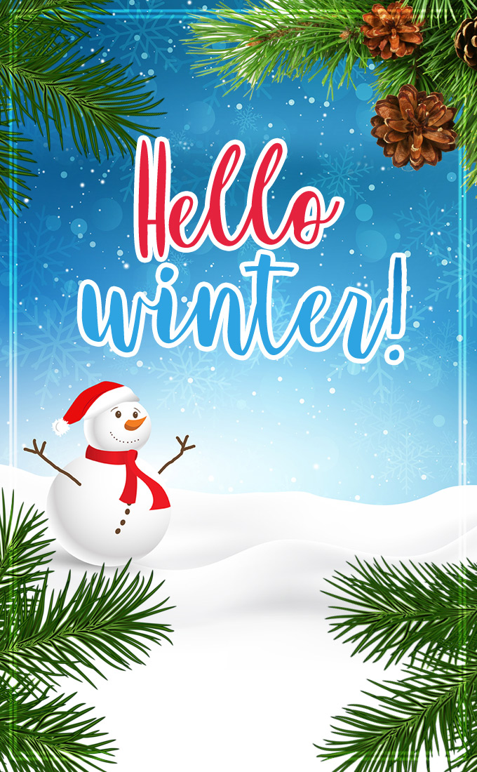 Hello Winter vertical tall Image with funny snowman (tall rectangle shape picture)