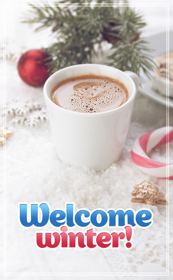 Welcome Winter vertical tall Image with cup of coffee (tall rectangle shape picture)