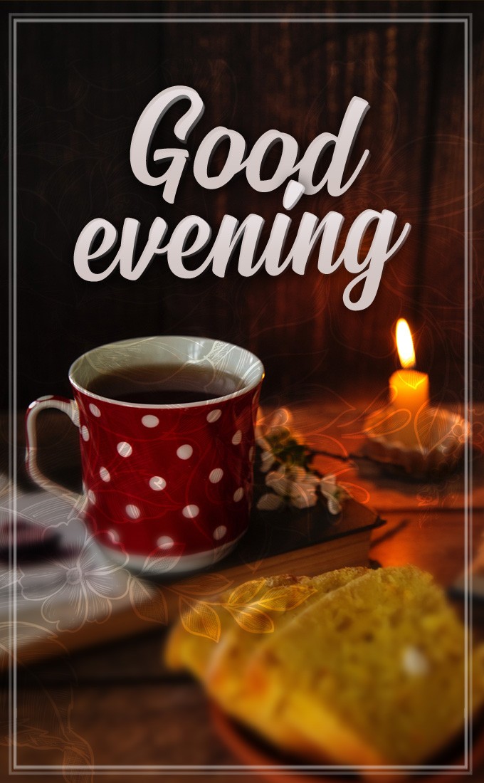 Good Evening vertical tall picture with a cup of tea and a candle (tall rectangle shape picture)