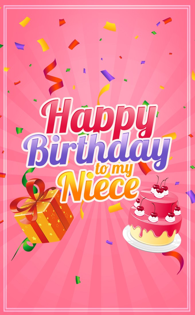 Happy Birthday Niece vertical tall Image with gift box and cake on the pink background (tall rectangle shape picture)