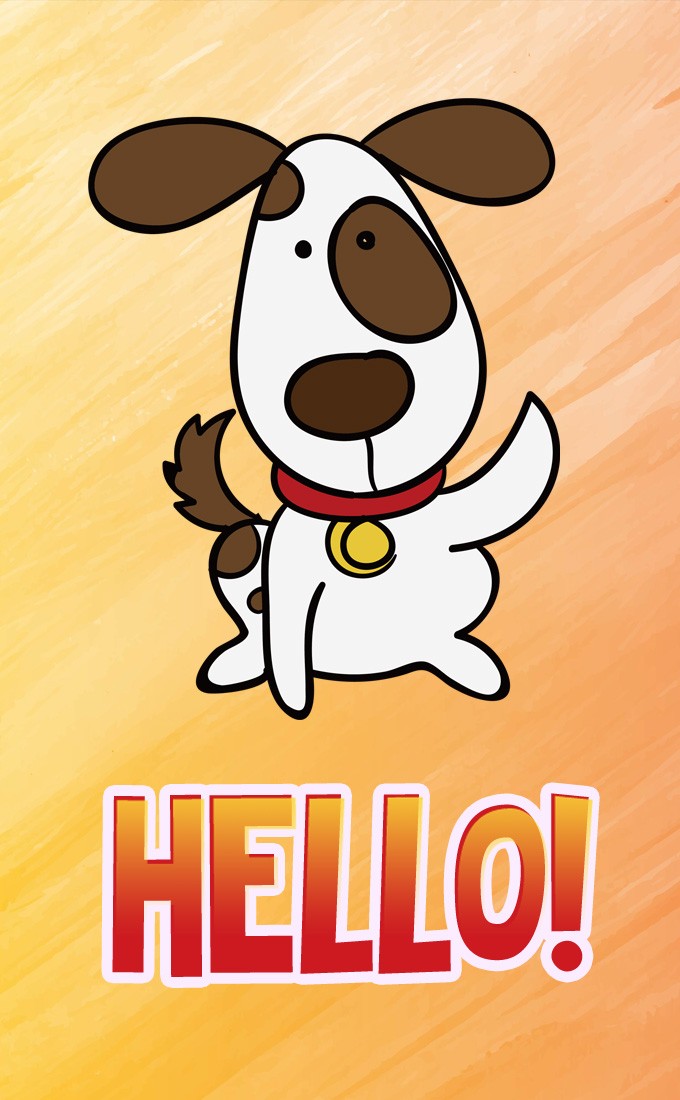 Hello funny image with cartoon dog (tall rectangle shape picture)